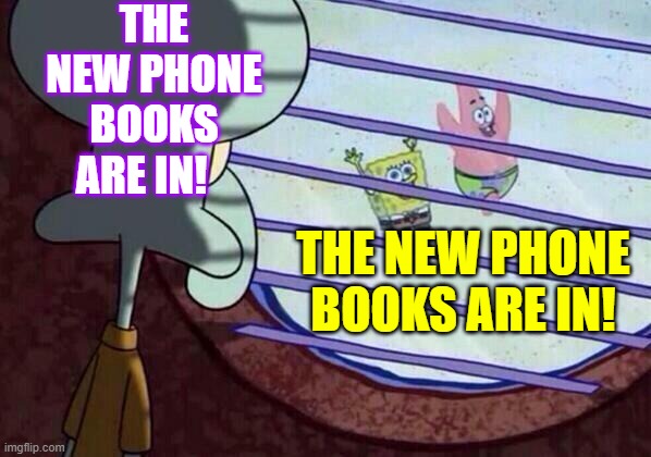 The New Phone Books Are In | THE NEW PHONE BOOKS ARE IN! THE NEW PHONE BOOKS ARE IN! | image tagged in squidward window | made w/ Imgflip meme maker
