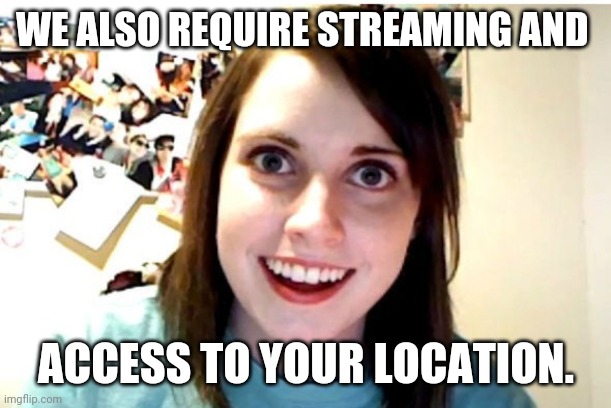 Stalker Girl | WE ALSO REQUIRE STREAMING AND ACCESS TO YOUR LOCATION. | image tagged in stalker girl | made w/ Imgflip meme maker