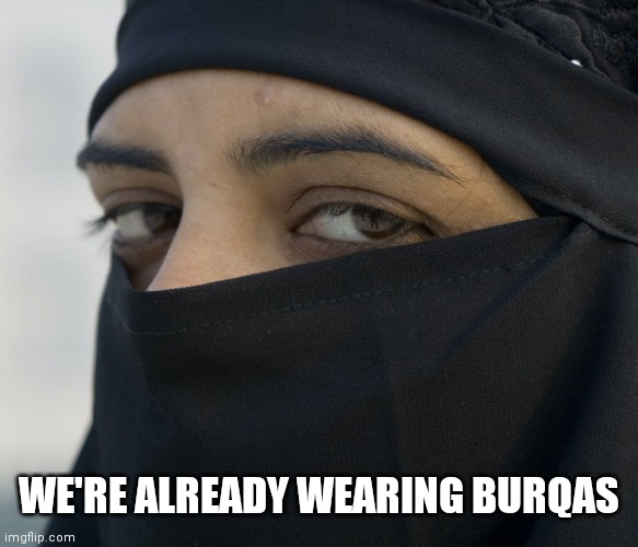 Muslim burqa | WE'RE ALREADY WEARING BURQAS | image tagged in muslim burqa | made w/ Imgflip meme maker