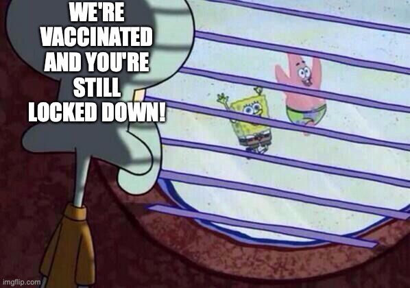 Squidward window | WE'RE VACCINATED AND YOU'RE STILL LOCKED DOWN! | image tagged in squidward window | made w/ Imgflip meme maker