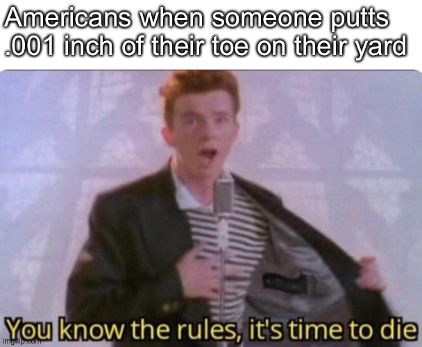 It be more tru | Americans when someone putts .001 inch of their toe on their yard | image tagged in rick roll,funny,photoshop,funny memes,relatable,dank memes | made w/ Imgflip meme maker