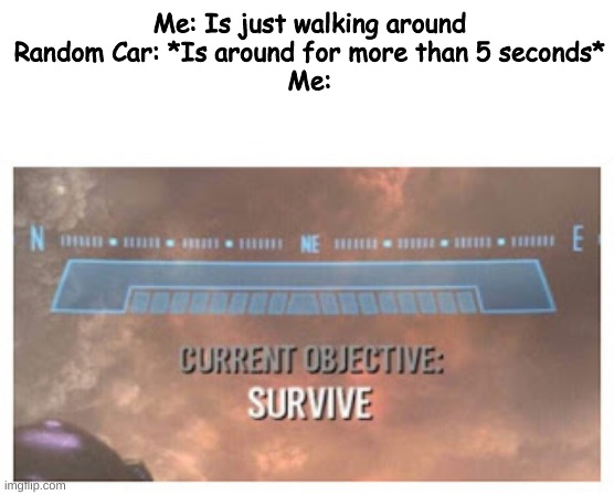 I run very fast when I am scared! | Me: Is just walking around
Random Car: *Is around for more than 5 seconds*
Me: | image tagged in current objective survive | made w/ Imgflip meme maker