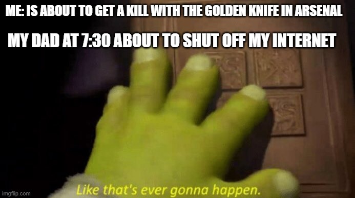 true | MY DAD AT 7:30 ABOUT TO SHUT OFF MY INTERNET; ME: IS ABOUT TO GET A KILL WITH THE GOLDEN KNIFE IN ARSENAL | image tagged in like that's ever gonna happen | made w/ Imgflip meme maker