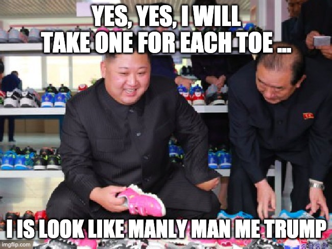 Trump | YES, YES, I WILL TAKE ONE FOR EACH TOE ... I IS LOOK LIKE MANLY MAN ME TRUMP | image tagged in fearless great leader shoes | made w/ Imgflip meme maker