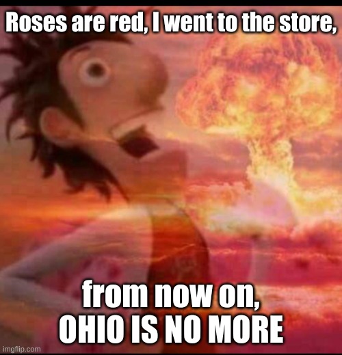 ohio is no more | Roses are red, I went to the store, from now on,
OHIO IS NO MORE | image tagged in mushroomcloudy,ohio,roses are red | made w/ Imgflip meme maker