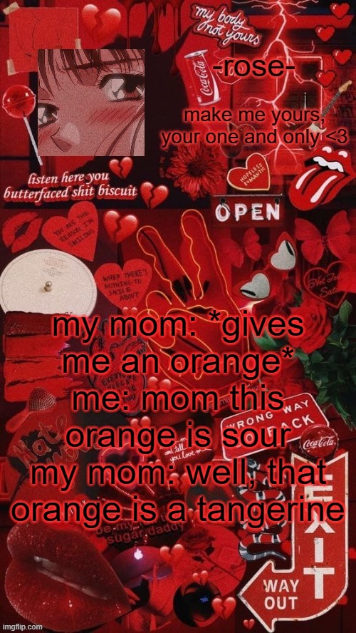 *stupidity intensifies* | my mom: *gives me an orange*
me: mom this orange is sour
my mom: well, that orange is a tangerine | image tagged in butterfaced shit biscuit template | made w/ Imgflip meme maker