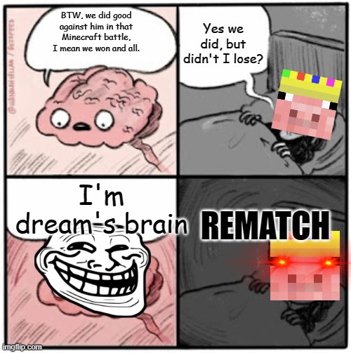Technoblade when Dream makes fun of his loss | Yes we did, but didn't I lose? BTW, we did good against him in that Minecraft battle, I mean we won and all. I'm dream's brain; REMATCH | image tagged in brain before sleep,funny memes | made w/ Imgflip meme maker