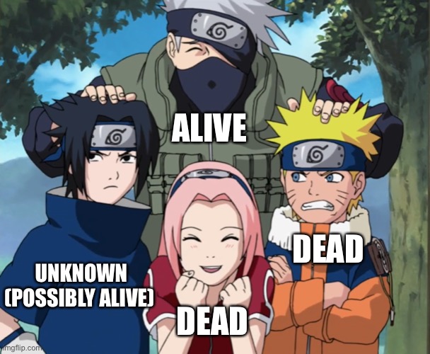 Covid-19 | ALIVE; DEAD; UNKNOWN (POSSIBLY ALIVE); DEAD | image tagged in naruto team 7 | made w/ Imgflip meme maker