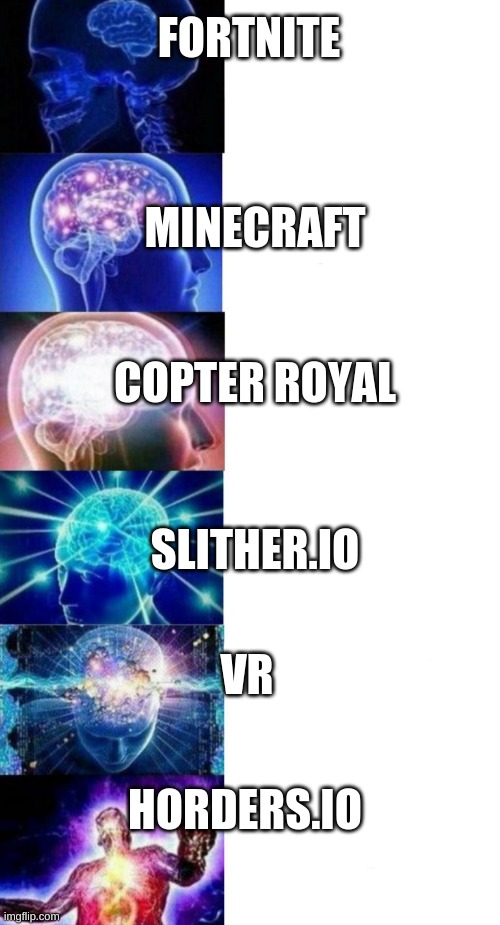 me and ethan will understand | FORTNITE; MINECRAFT; COPTER ROYAL; SLITHER.IO; VR; HORDERS.IO | image tagged in lol so funny,smart,god | made w/ Imgflip meme maker