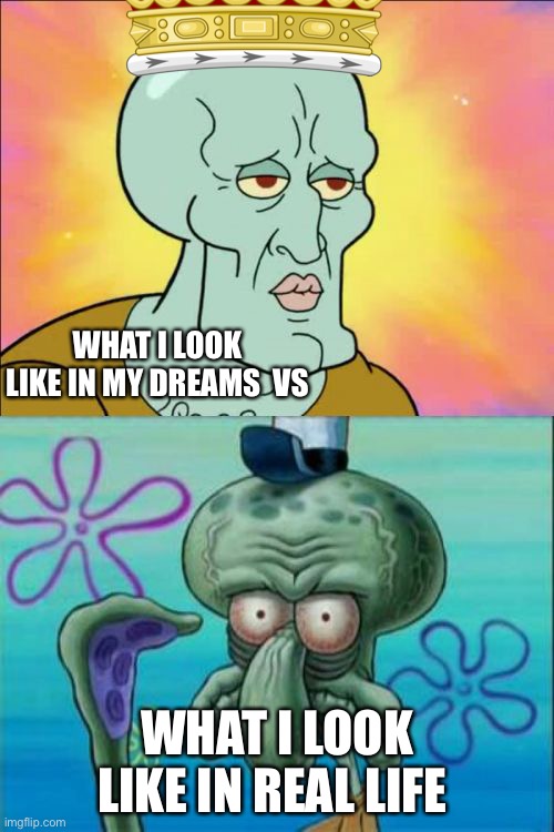 Squidward Meme | WHAT I LOOK LIKE IN MY DREAMS  VS; WHAT I LOOK LIKE IN REAL LIFE | image tagged in memes,squidward | made w/ Imgflip meme maker