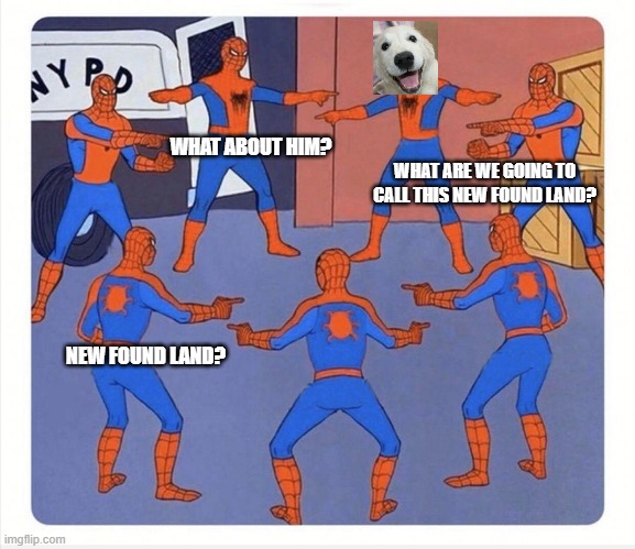 newfie shit | WHAT ABOUT HIM? WHAT ARE WE GOING TO CALL THIS NEW FOUND LAND? NEW FOUND LAND? | image tagged in spiderman pointing each other | made w/ Imgflip meme maker