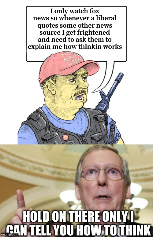By law I have to post this here | I only watch fox news so whenever a liberal quotes some other news source I get frightened and need to ask them to explain me how thinkin works; HOLD ON THERE ONLY I CAN TELL YOU HOW TO THINK | image tagged in repub,memes,mitch mcconnell | made w/ Imgflip meme maker
