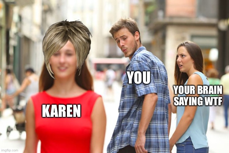 Distracted Boyfriend | YOU; YOUR BRAIN SAYING WTF; KAREN | image tagged in memes,distracted boyfriend | made w/ Imgflip meme maker