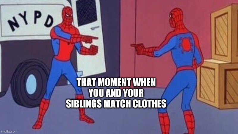 spiderman pointing at spiderman | THAT MOMENT WHEN YOU AND YOUR SIBLINGS MATCH CLOTHES | image tagged in spiderman pointing at spiderman | made w/ Imgflip meme maker