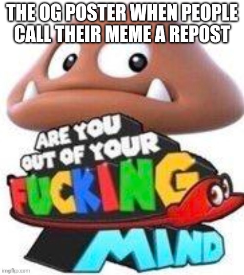 THE OG POSTER WHEN PEOPLE CALL THEIR MEME A REPOST | image tagged in memes | made w/ Imgflip meme maker