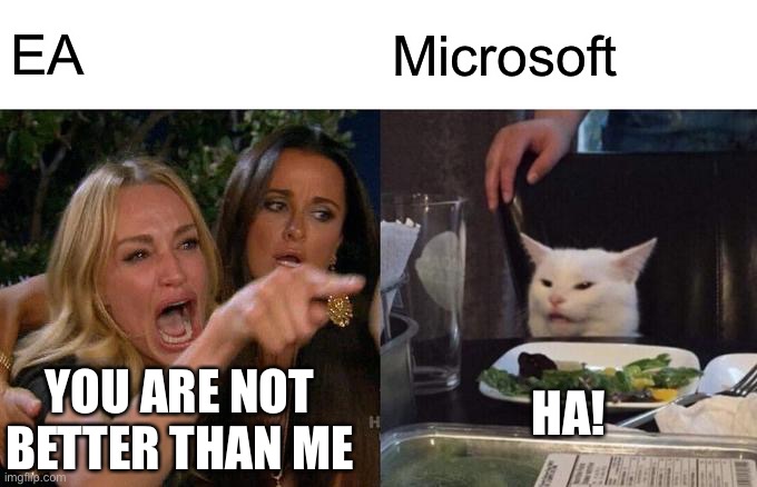 Microsoft better than EA? | EA; Microsoft; HA! YOU ARE NOT BETTER THAN ME | image tagged in memes,woman yelling at cat | made w/ Imgflip meme maker