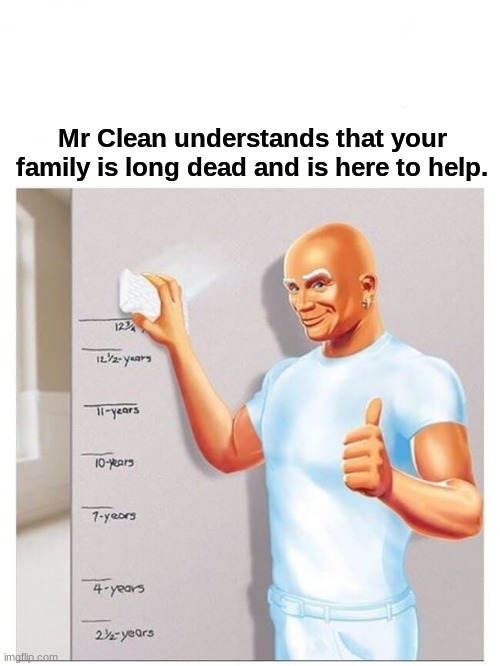 Mr Clean understands that your family is long dead and is here to help. | image tagged in funny | made w/ Imgflip meme maker