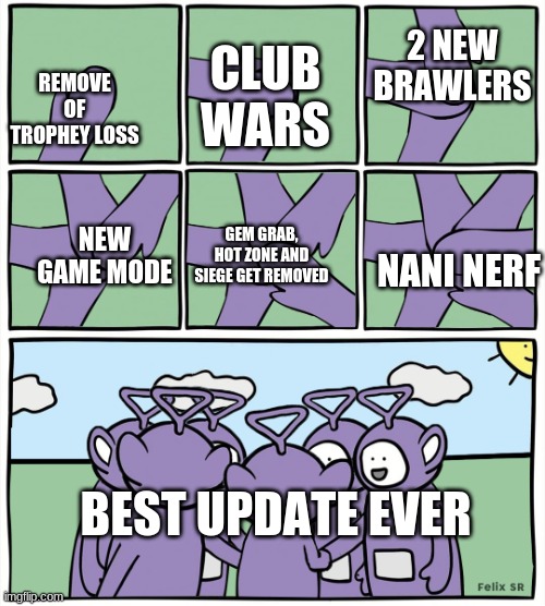 My personal ratings on a best update in brawl stars. We did get close enough | CLUB WARS; 2 NEW BRAWLERS; REMOVE OF TROPHEY LOSS; NEW GAME MODE; GEM GRAB, HOT ZONE AND SIEGE GET REMOVED; NANI NERF; BEST UPDATE EVER | image tagged in teletubbies in a circle,brawl stars | made w/ Imgflip meme maker