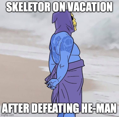 Finally | SKELETOR ON VACATION; AFTER DEFEATING HE-MAN | image tagged in skeletor,he-man,memes,funny memes,funny | made w/ Imgflip meme maker