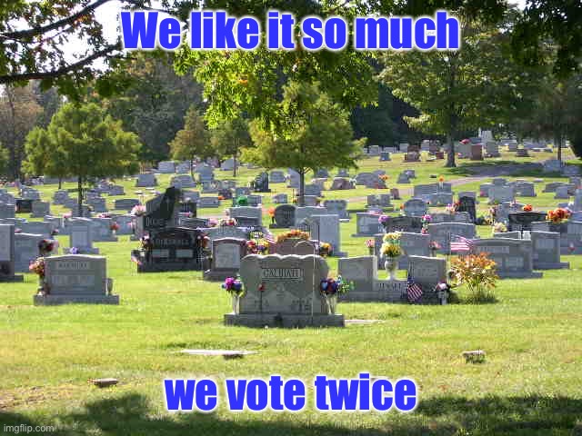 cemetery | We like it so much we vote twice | image tagged in cemetery | made w/ Imgflip meme maker