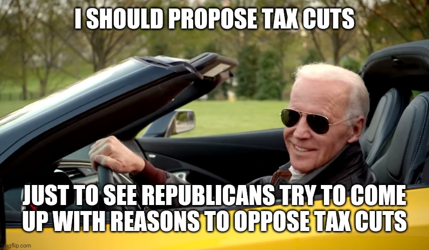 Biden car | I SHOULD PROPOSE TAX CUTS JUST TO SEE REPUBLICANS TRY TO COME
UP WITH REASONS TO OPPOSE TAX CUTS | image tagged in biden car | made w/ Imgflip meme maker
