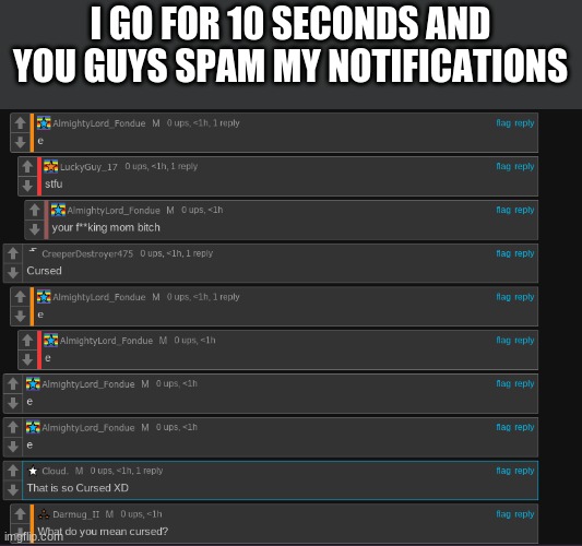 E | I GO FOR 10 SECONDS AND YOU GUYS SPAM MY NOTIFICATIONS | image tagged in no tags | made w/ Imgflip meme maker