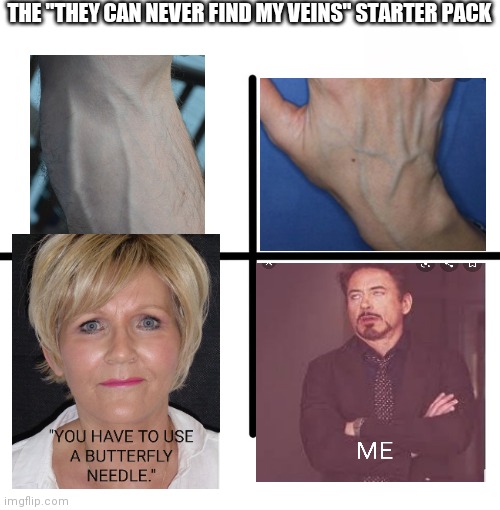 Phlebotomy be like... | THE "THEY CAN NEVER FIND MY VEINS" STARTER PACK | image tagged in memes,blank starter pack | made w/ Imgflip meme maker
