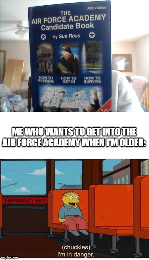 ME WHO WANTS TO GET INTO THE AIR FORCE ACADEMY WHEN I'M OLDER: | image tagged in i'm in danger | made w/ Imgflip meme maker
