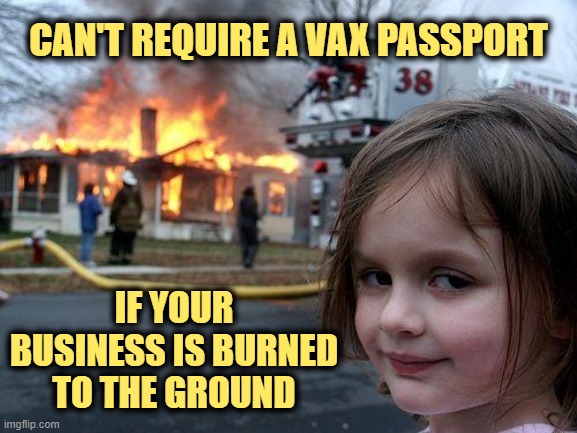 Modern problems require iron clad solutions. | CAN'T REQUIRE A VAX PASSPORT; IF YOUR BUSINESS IS BURNED TO THE GROUND | image tagged in disaster girl,vaccinations | made w/ Imgflip meme maker