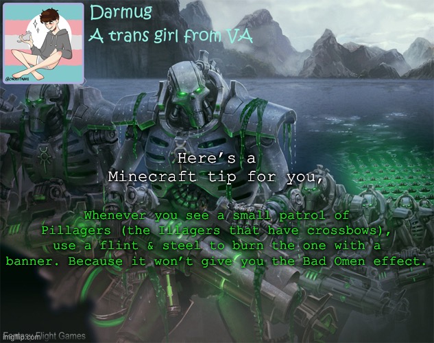 Darmug's announcement template | Here’s a Minecraft tip for you, Whenever you see a small patrol of Pillagers (the Illagers that have crossbows), use a flint & steel to burn the one with a banner. Because it won’t give you the Bad Omen effect. | image tagged in darmug's announcement template | made w/ Imgflip meme maker