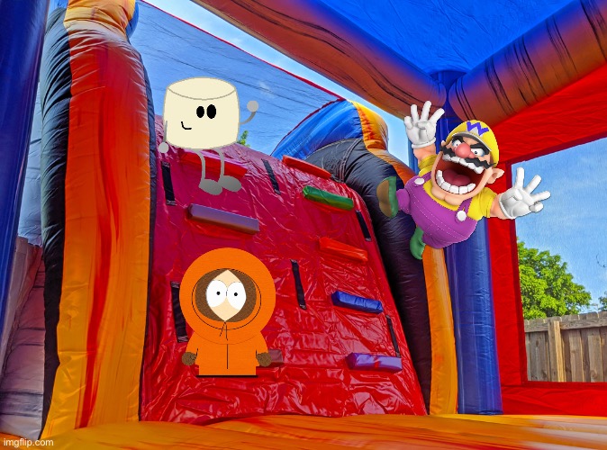 Wario plummets to his death in a bounce house while Mixmellow and Kenny have fun.mp3 | image tagged in wario dies,wario,bounce house,mixmellow,south park,memes | made w/ Imgflip meme maker
