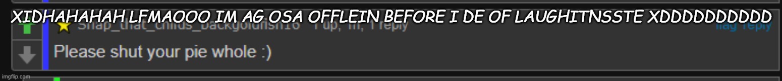 please shut your pie whole | XIDHAHAHAH LFMAOOO IM AG OSA OFFLEIN BEFORE I DE OF LAUGHITNSSTE XDDDDDDDDDD | image tagged in please shut your pie whole | made w/ Imgflip meme maker