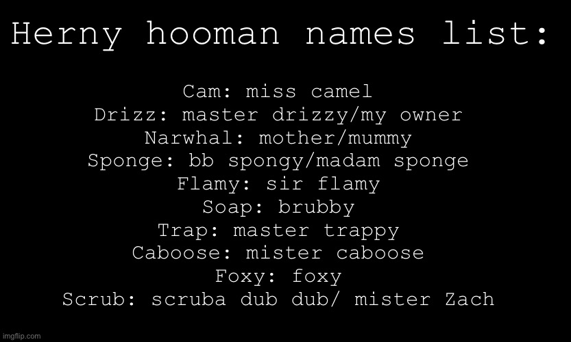 black customized (narwhal) | Herny hooman names list:; Cam: miss camel
Drizz: master drizzy/my owner
Narwhal: mother/mummy
Sponge: bb spongy/madam sponge
Flamy: sir flamy
Soap: brubby
Trap: master trappy
Caboose: mister caboose
Foxy: foxy
Scrub: scruba dub dub/ mister Zach | image tagged in black customized narwhal | made w/ Imgflip meme maker