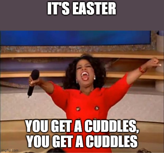 CUDDLES IS THE EASTER BUNNY | IT'S EASTER; YOU GET A CUDDLES, YOU GET A CUDDLES | image tagged in memes,oprah you get a | made w/ Imgflip meme maker