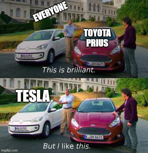 This Is Brilliant But I Like This | EVERYONE; TOYOTA PRIUS; TESLA | image tagged in this is brilliant but i like this | made w/ Imgflip meme maker