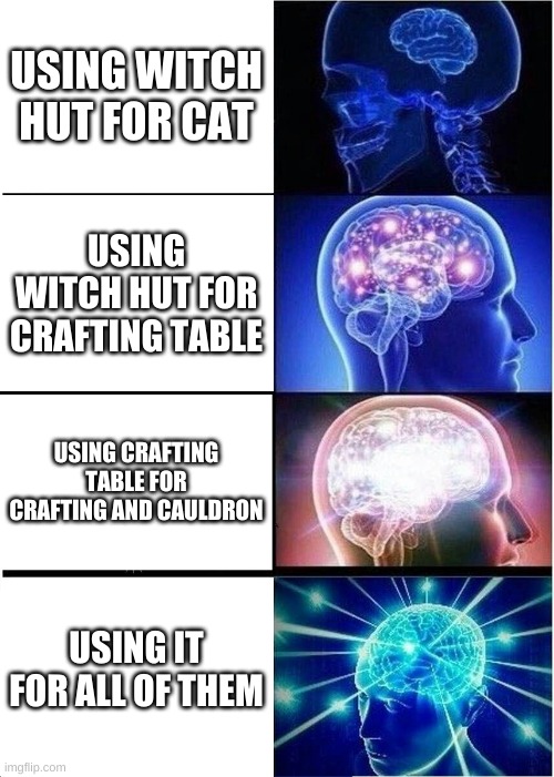 Expanding Brain Meme | USING WITCH HUT FOR CAT; USING WITCH HUT FOR CRAFTING TABLE; USING CRAFTING TABLE FOR CRAFTING AND CAULDRON; USING IT FOR ALL OF THEM | image tagged in memes,expanding brain | made w/ Imgflip meme maker