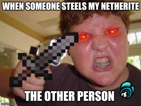 minecrafter | WHEN SOMEONE STEELS MY NETHERITE; THE OTHER PERSON | image tagged in minecrafter | made w/ Imgflip meme maker