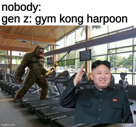 kim jong un gym kong harpoon | nobody:
gen z: gym kong harpoon | image tagged in gym | made w/ Imgflip meme maker