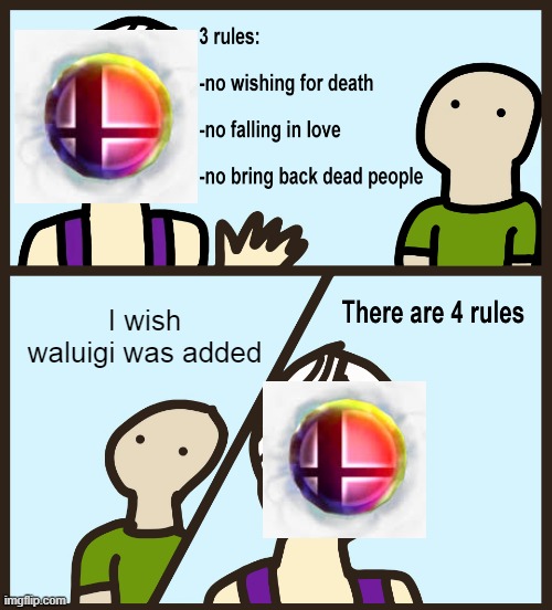 Why waluigi not added tho | I wish waluigi was added | image tagged in genie rules meme | made w/ Imgflip meme maker