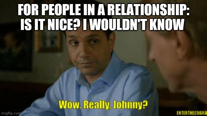 Is gay and has a crush on a straight gang | FOR PEOPLE IN A RELATIONSHIP: IS IT NICE? I WOULDN'T KNOW | image tagged in really johnny | made w/ Imgflip meme maker