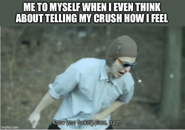 I’m fricking trash. My crush will never feel the same way I feel about her. | ME TO MYSELF WHEN I EVEN THINK ABOUT TELLING MY CRUSH HOW I FEEL | image tagged in know your place trash,depression sadness hurt pain anxiety,crush,claire,no fucks given | made w/ Imgflip meme maker