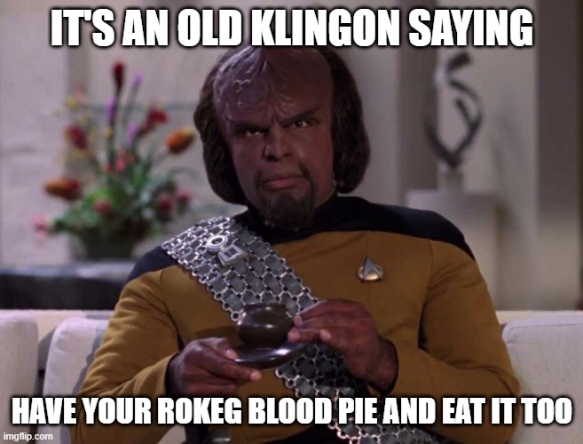 Worf Wisdom | IT'S AN OLD KLINGON SAYING; HAVE YOUR ROKEG BLOOD PIE AND EAT IT TOO | image tagged in dignified worf | made w/ Imgflip meme maker