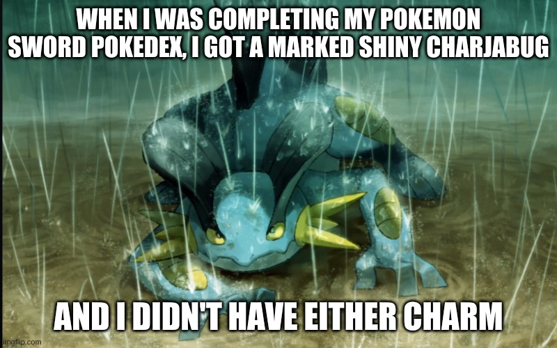 I bet your jealous now, I mean it's also marked which is makes it double rare | WHEN I WAS COMPLETING MY POKEMON SWORD POKEDEX, I GOT A MARKED SHINY CHARJABUG; AND I DIDN'T HAVE EITHER CHARM | image tagged in the best swampert 999 | made w/ Imgflip meme maker