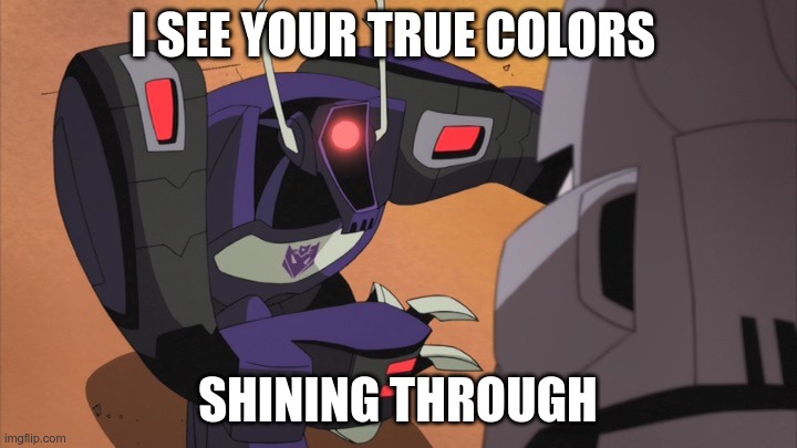 Meanwhile Megatron is wondering why the frag is Shockwave singing cheesy human songs | I SEE YOUR TRUE COLORS; SHINING THROUGH | image tagged in shockwave,megatron,true colors,transformers animated,tfa | made w/ Imgflip meme maker