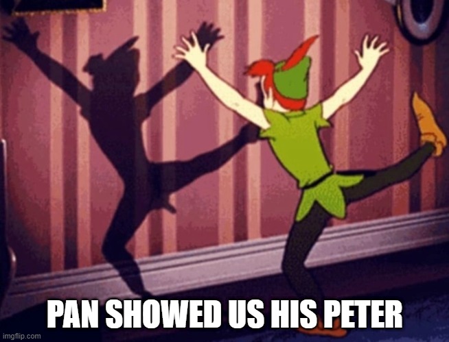 Naughty Naughty | PAN SHOWED US HIS PETER | image tagged in peter pan | made w/ Imgflip meme maker