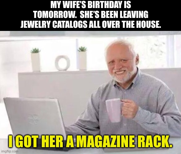 Birthday | MY WIFE’S BIRTHDAY IS TOMORROW.  SHE’S BEEN LEAVING JEWELRY CATALOGS ALL OVER THE HOUSE. I GOT HER A MAGAZINE RACK. | image tagged in harold | made w/ Imgflip meme maker