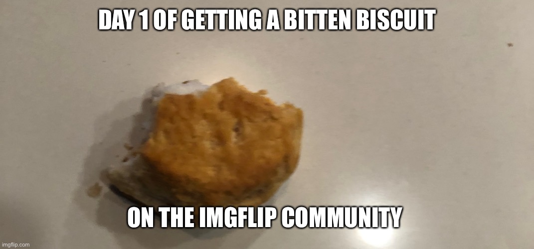 Biscuits |  DAY 1 OF GETTING A BITTEN BISCUIT; ON THE IMGFLIP COMMUNITY | image tagged in oh wow are you actually reading these tags,biscuits,food memes,fun,some random thing | made w/ Imgflip meme maker