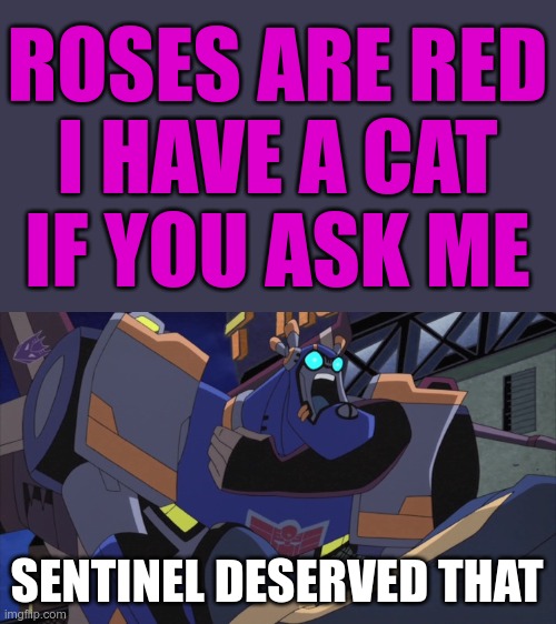 3 words: Pompous Gas Bag | ROSES ARE RED
I HAVE A CAT
IF YOU ASK ME; SENTINEL DESERVED THAT | image tagged in transformers,transformers animated,tfa,sentinel prime,deserved that | made w/ Imgflip meme maker
