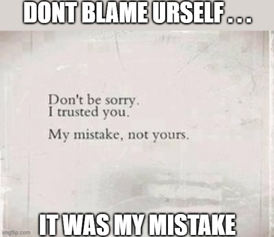 not ur fault, i made the mistake to trust u | DONT BLAME URSELF . . . IT WAS MY MISTAKE | image tagged in no trust,my mistake,dont be sorry,my bad,wont trust u again,bye | made w/ Imgflip meme maker