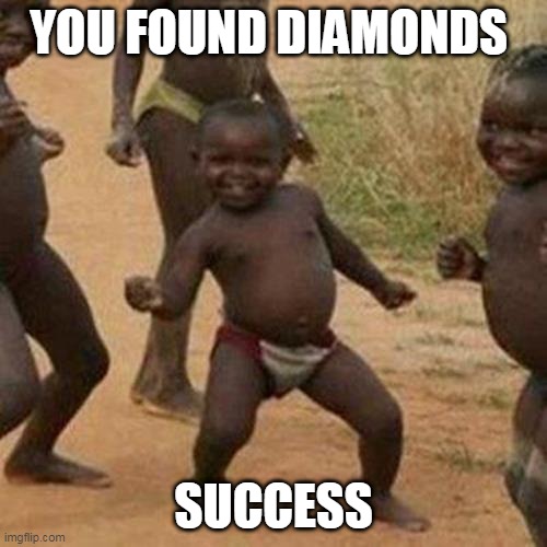 you found diamonds | YOU FOUND DIAMONDS; SUCCESS | image tagged in memes,third world success kid | made w/ Imgflip meme maker